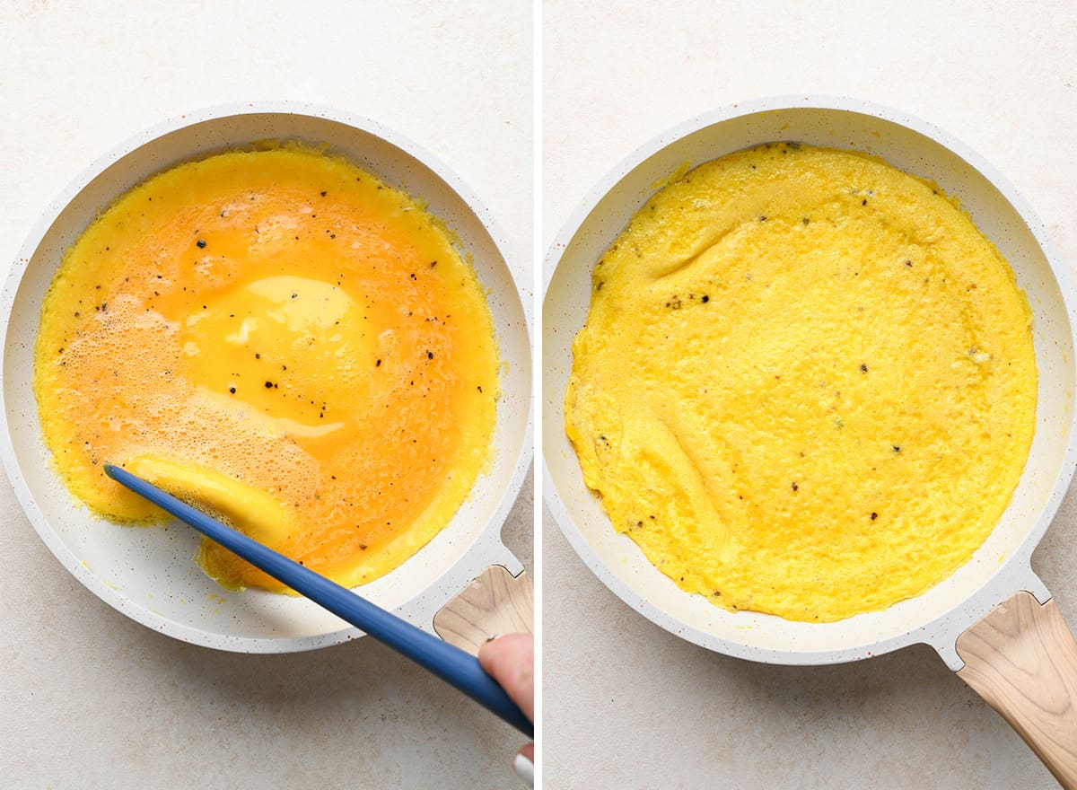 two photos showing how to cook an omelette