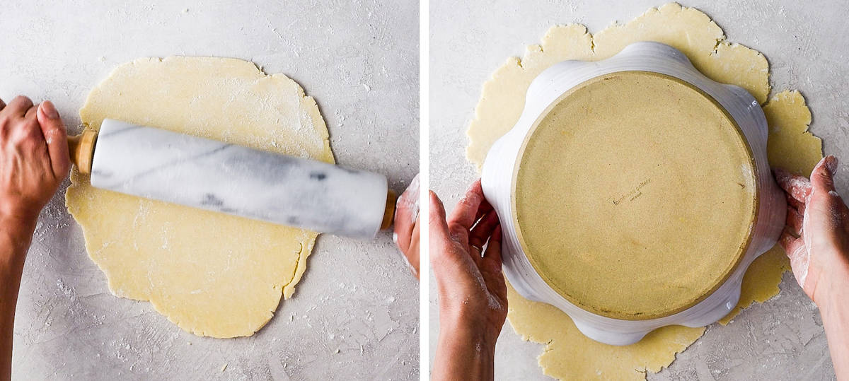 two photos showing how to make an apple pie crust