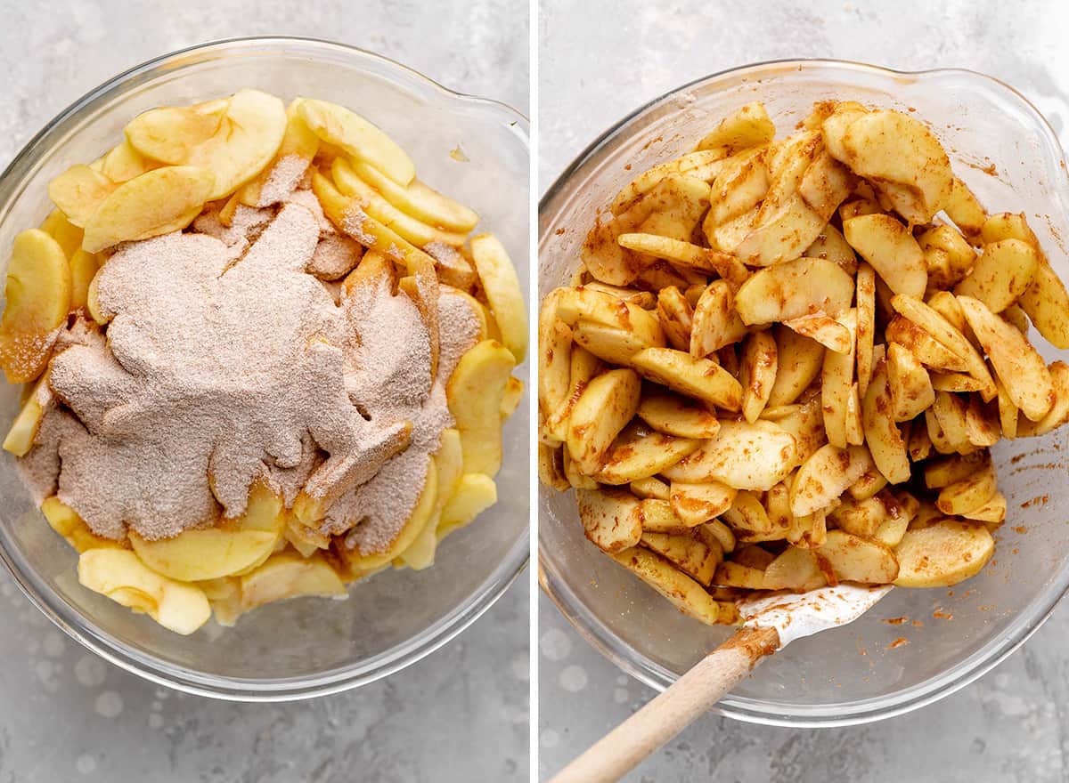 two photo showing How to Make Apple Pie filling - combining apples and dry ingredients