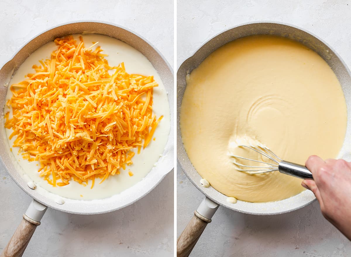 two overhead photos showing How to Make Baked Mac and Cheese - finishing the cheese sauce