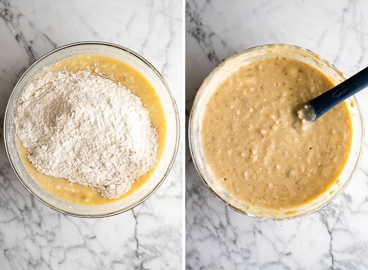 two photos showing how to make banana cake adding dry ingredients 