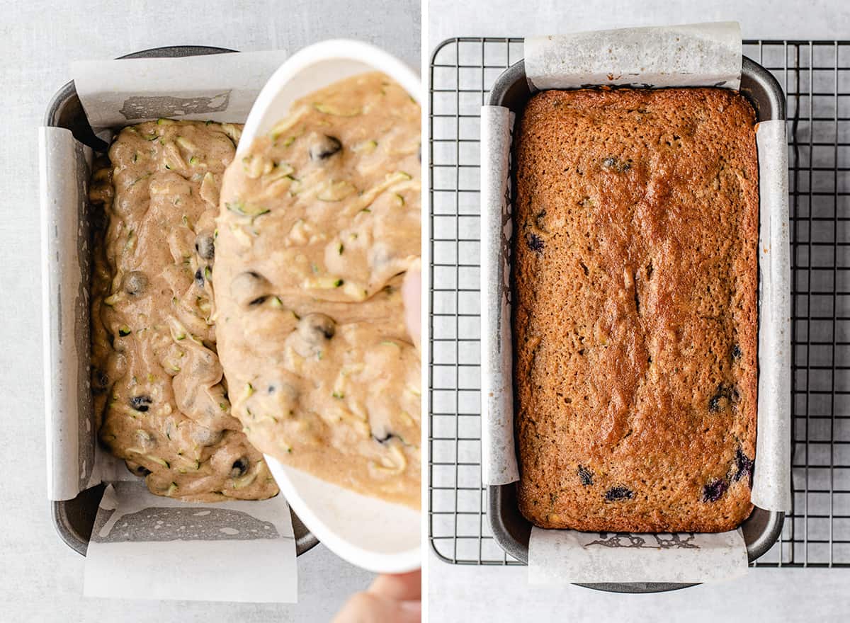 two photos showing how to make blueberry zucchini bread - pouring batter into loaf pan, then loaf after baked