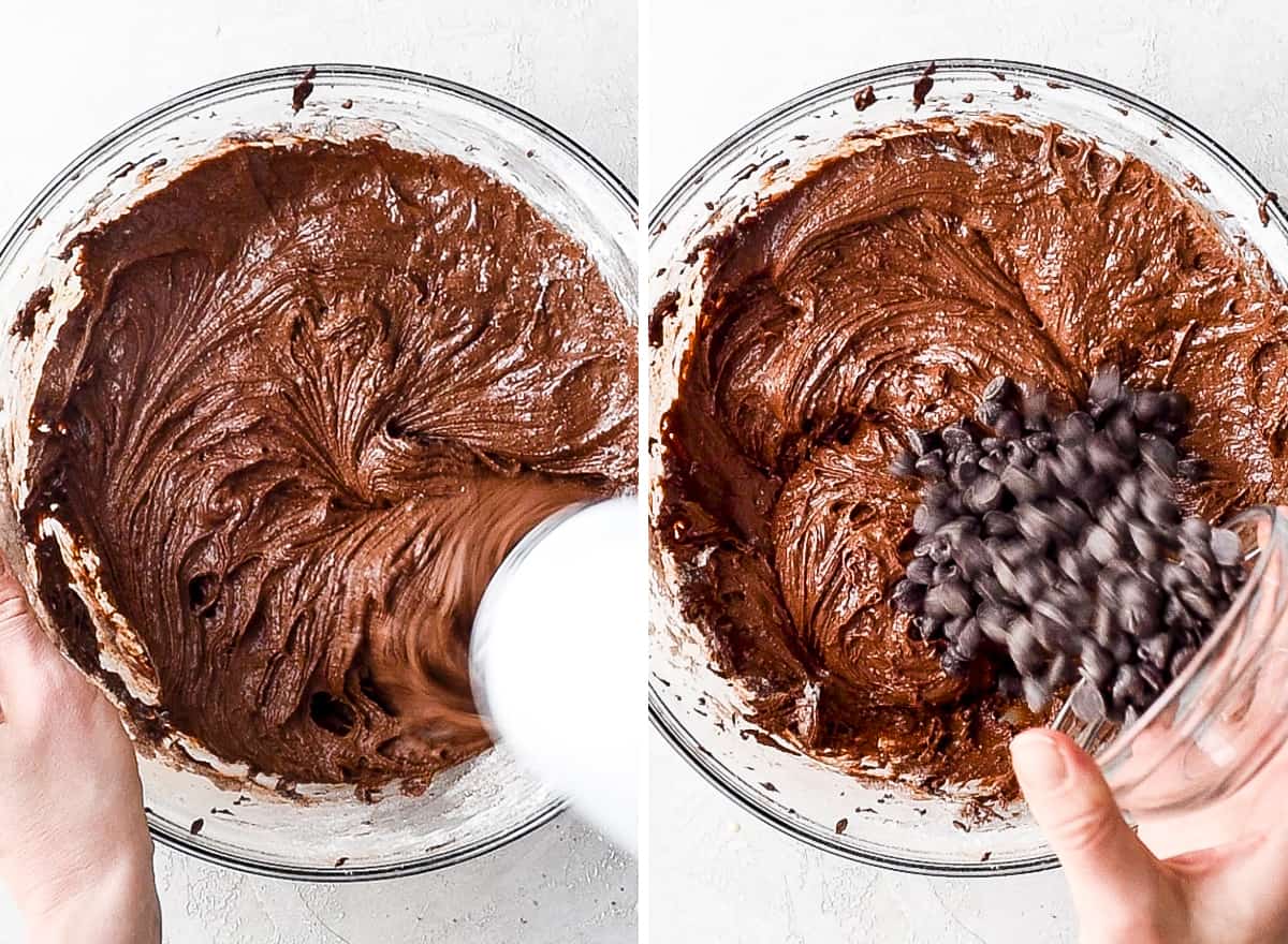 two overhead photos showing how to make brownies -beating batter and adding chocolate chips