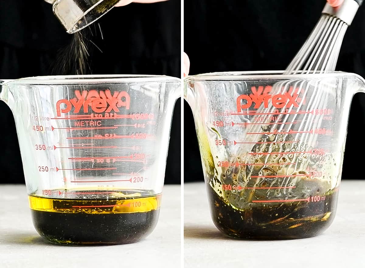 two photos showing how to make burrata salad dressing