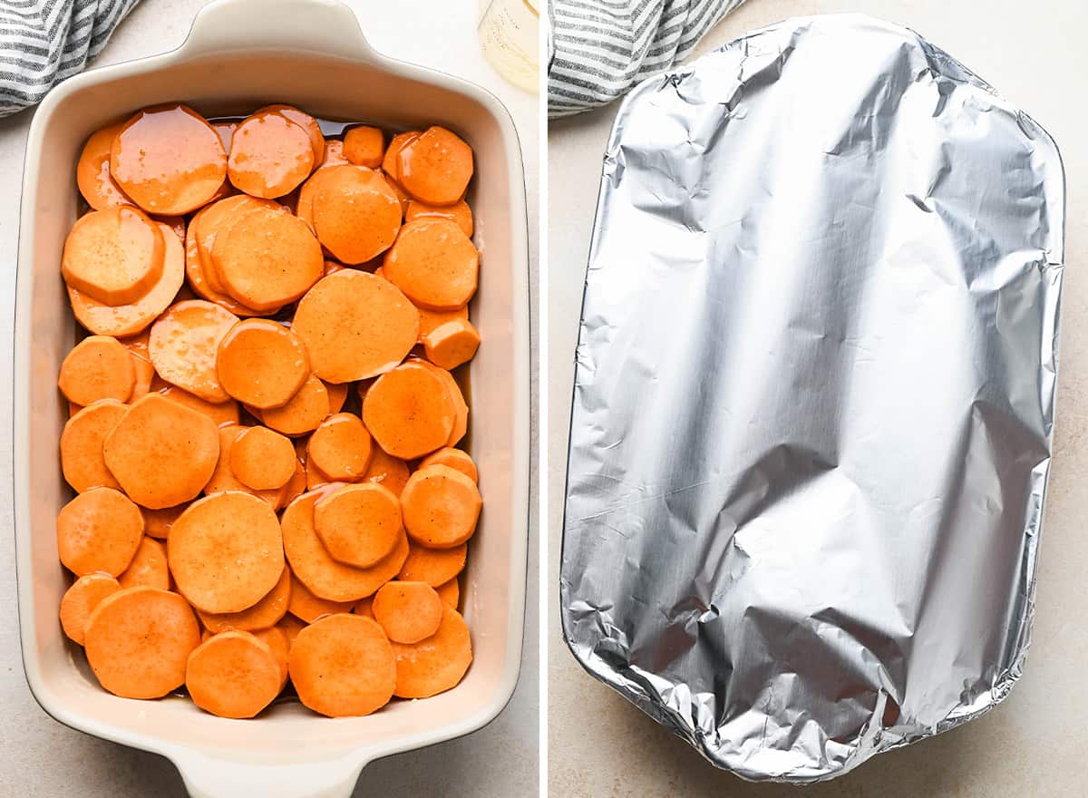 two photos showing How to Make Candied Yams - sauced sweet potatoes in the baking pan then the pan covered in foil