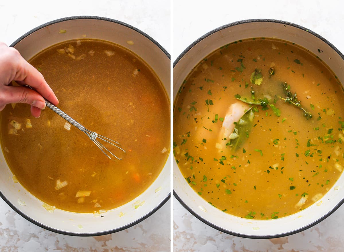 two overhead photos showing How to Make Chicken Noodle Soup