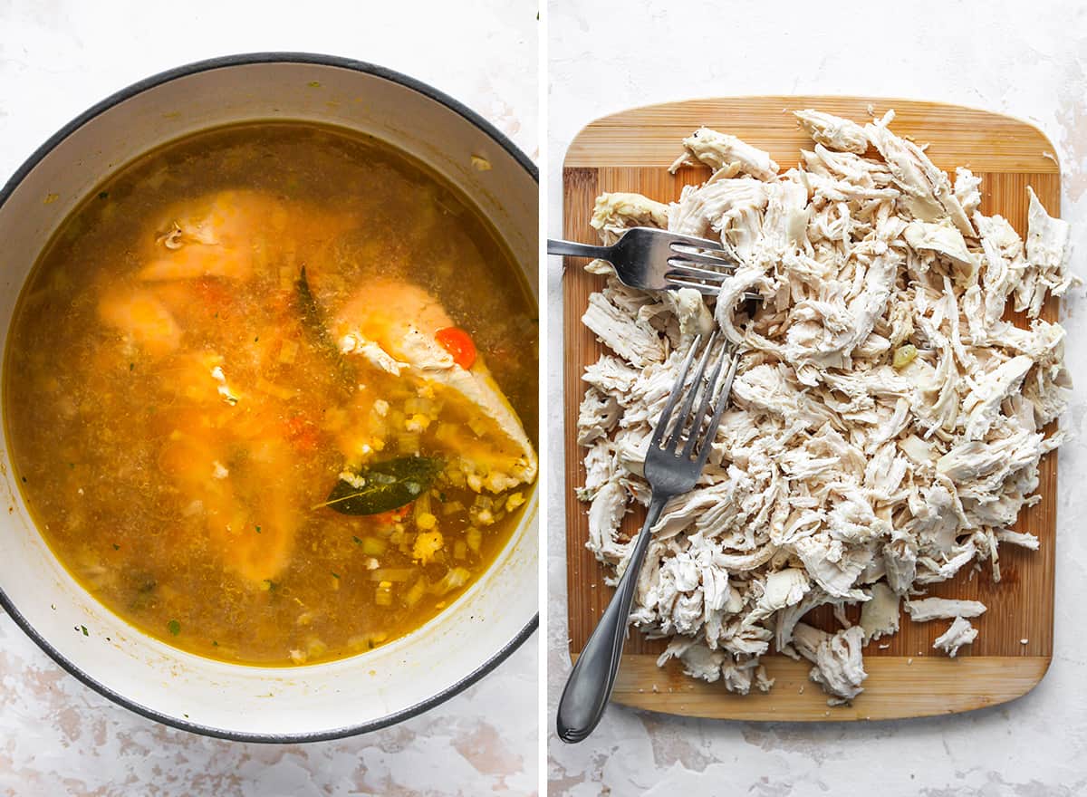 two overhead photos showing How to Make Chicken Noodle Soup