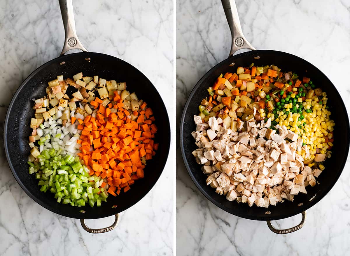 two overhead photos showing how to make chicken pot pie