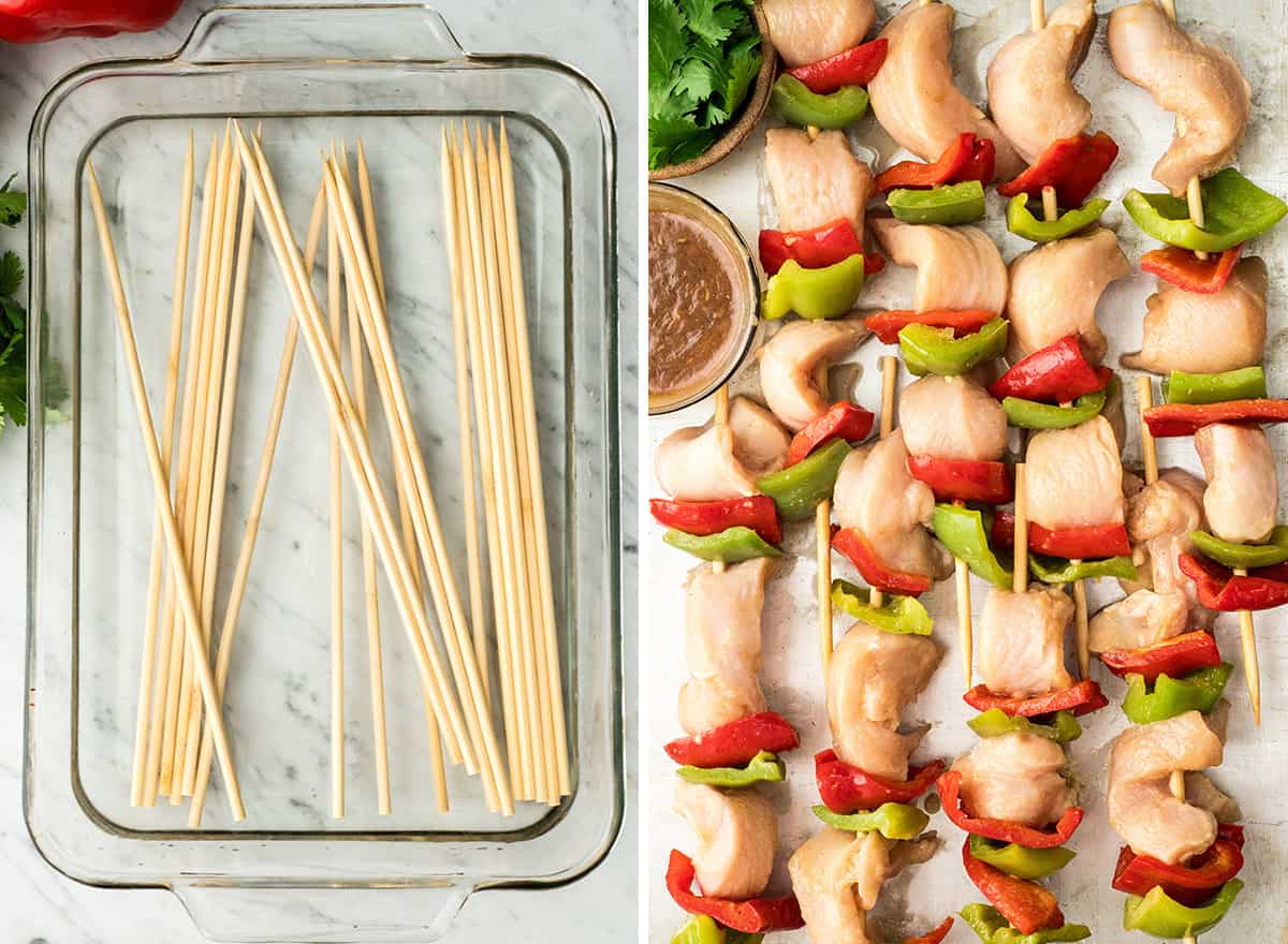 two photos showing how to make chicken satay