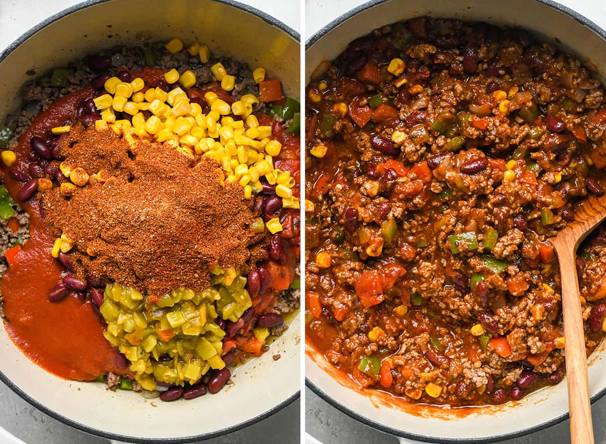 two photos showing How to Make Chili - adding the rest of the ingredients and stirring 