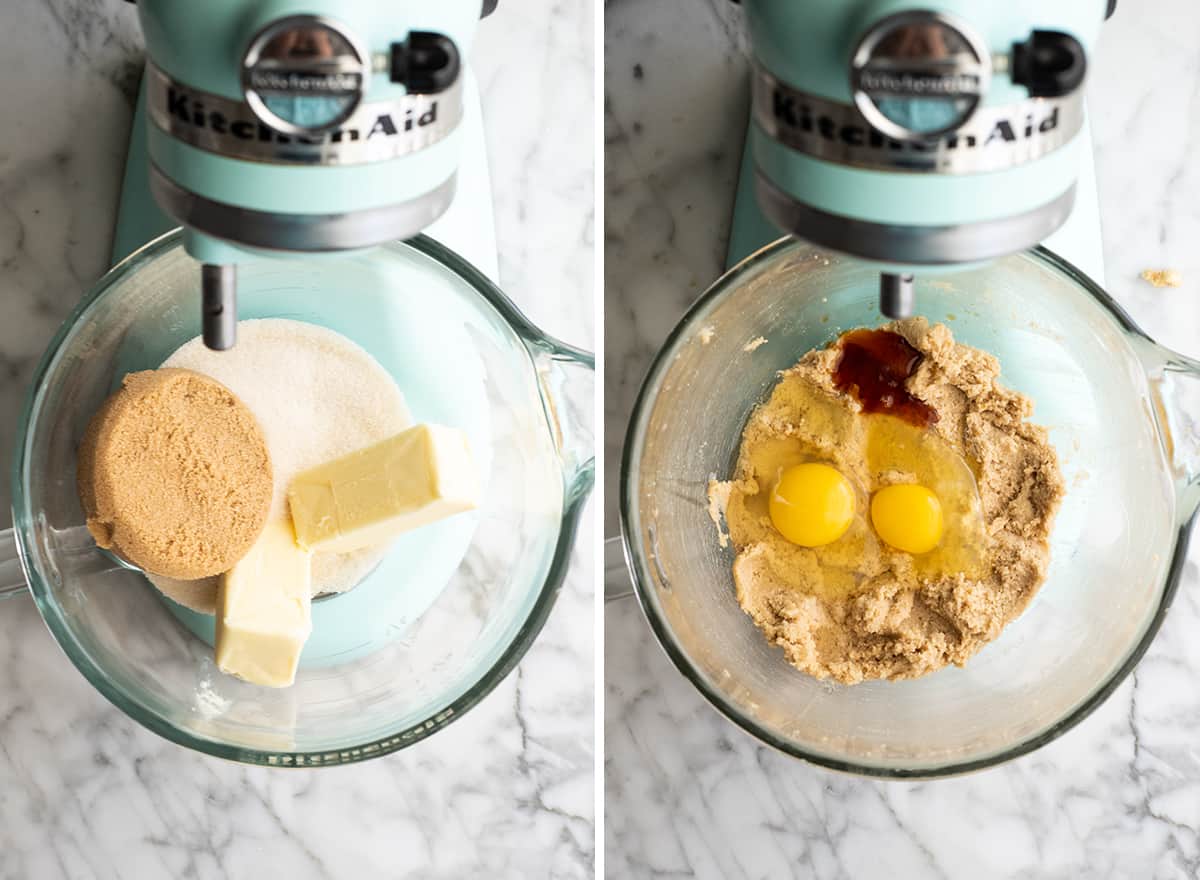 two photos showing How to make chocolate chip cookies - combining butter and sugar, adding eggs & vanilla