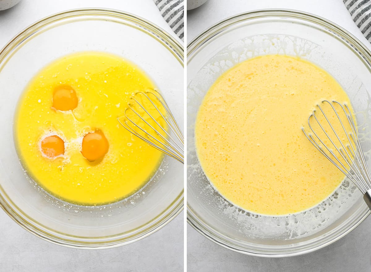 two photos showing How to Make Corn Pudding - whisking in eggs and heavy cream