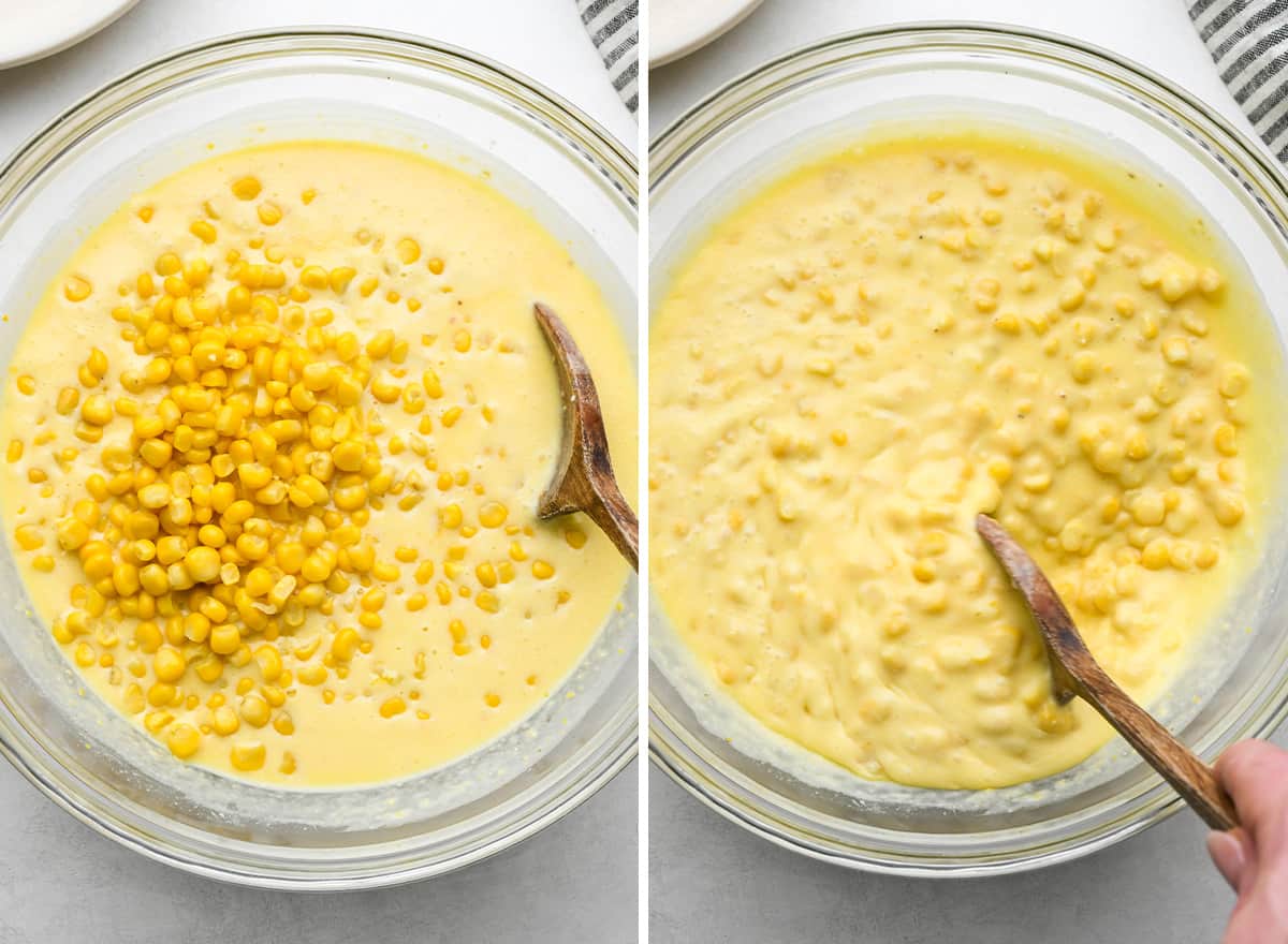 two photos showing How to Make Corn Pudding - stirring in corn