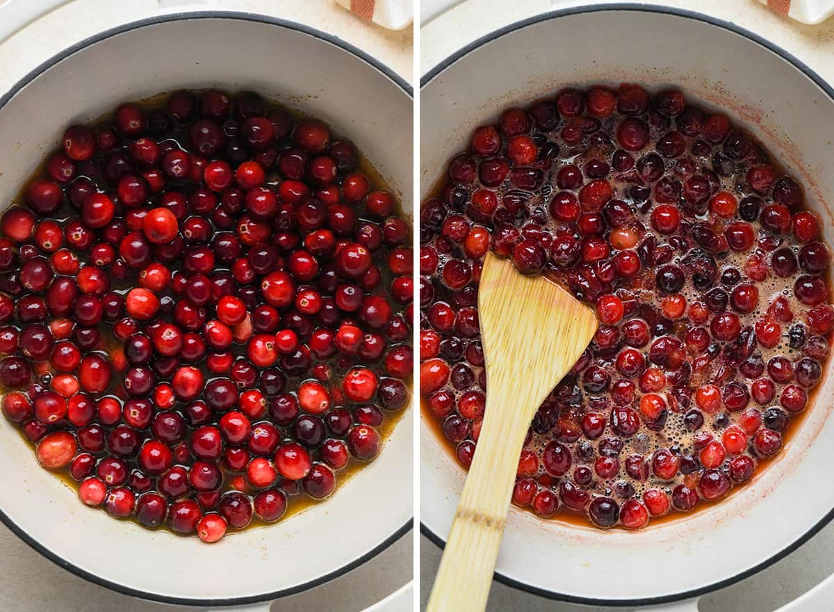 two photos showing How to Make Cranberry Sauce - stirring in cranberries