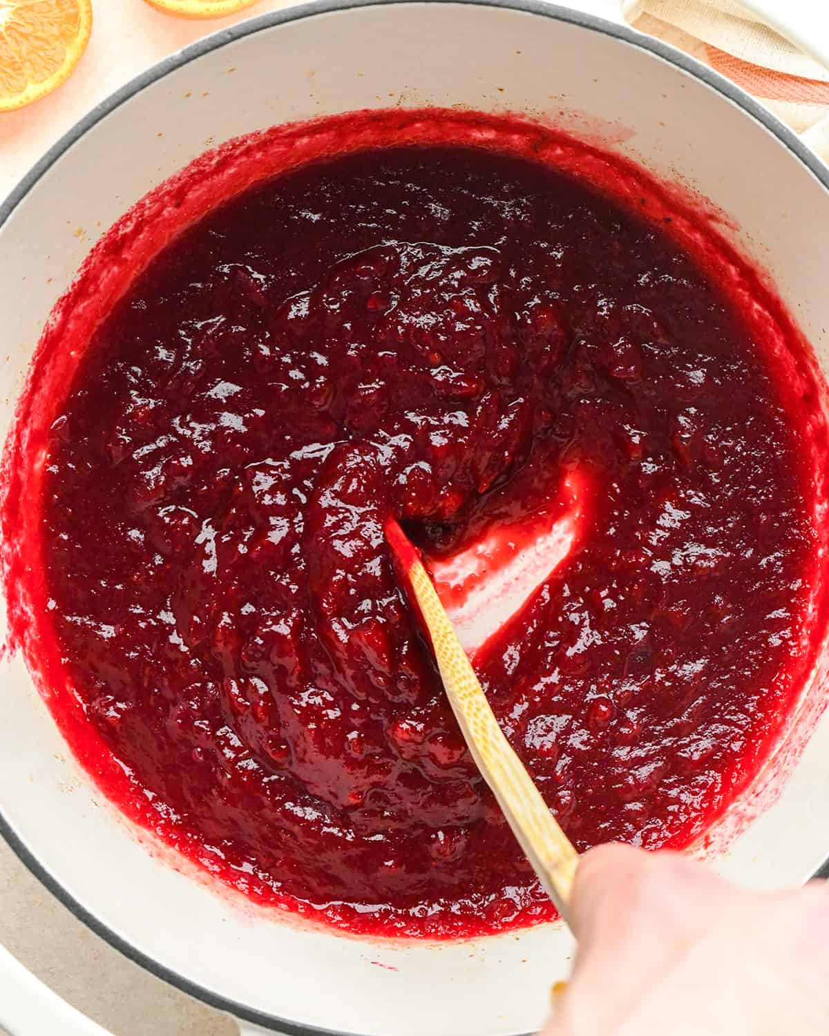 Homemade Cranberry Sauce Recipe in a saucepan after cooling