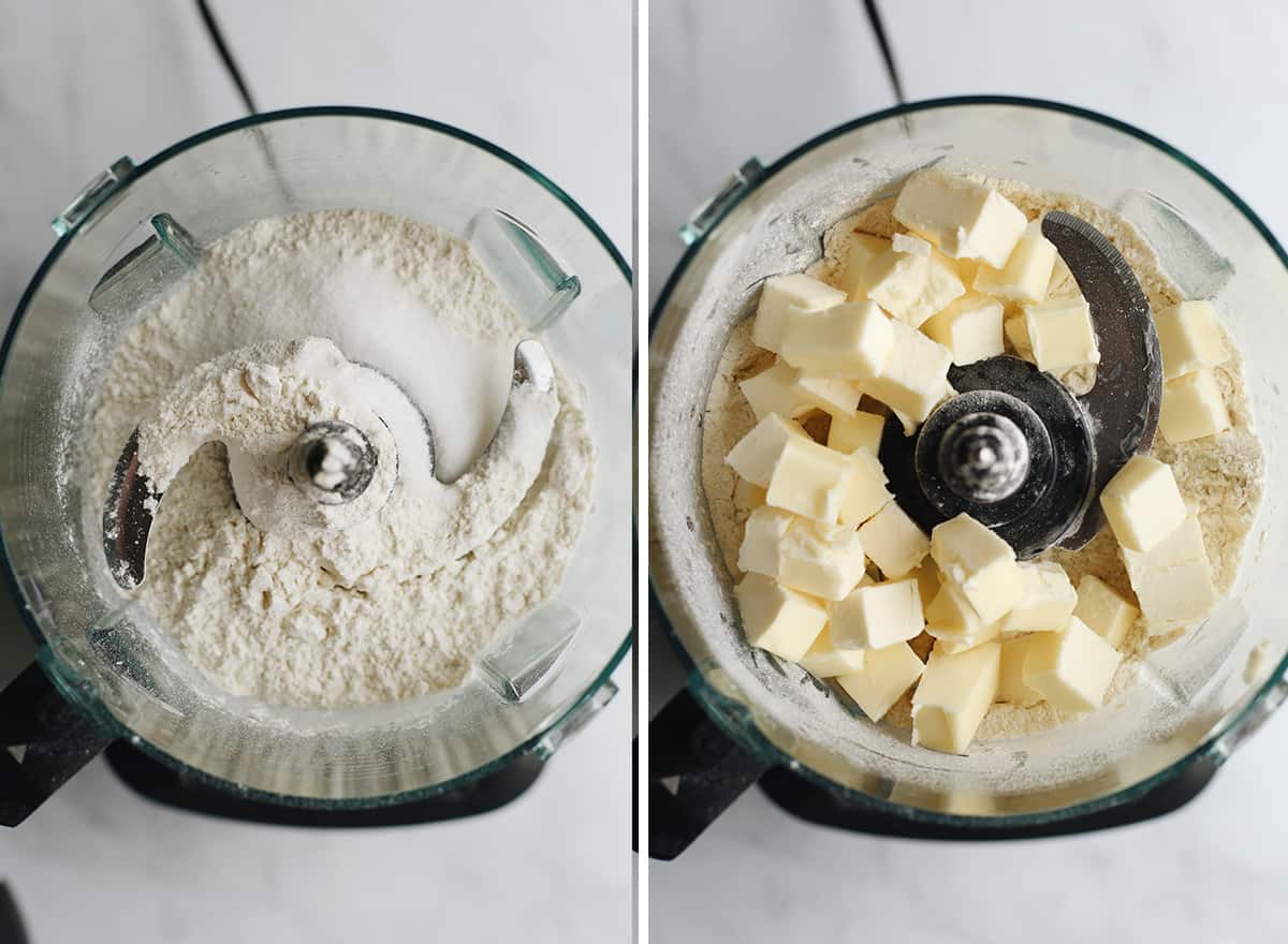 two overhead photos showing How to Make Dairy-Free Pumpkin Pie Crust in a food processor
