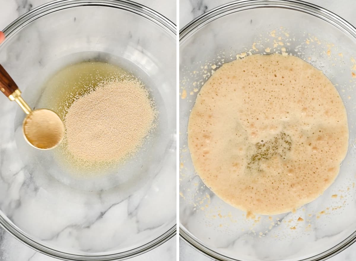 two photos showing how to make dinner rolls - proofing yeast