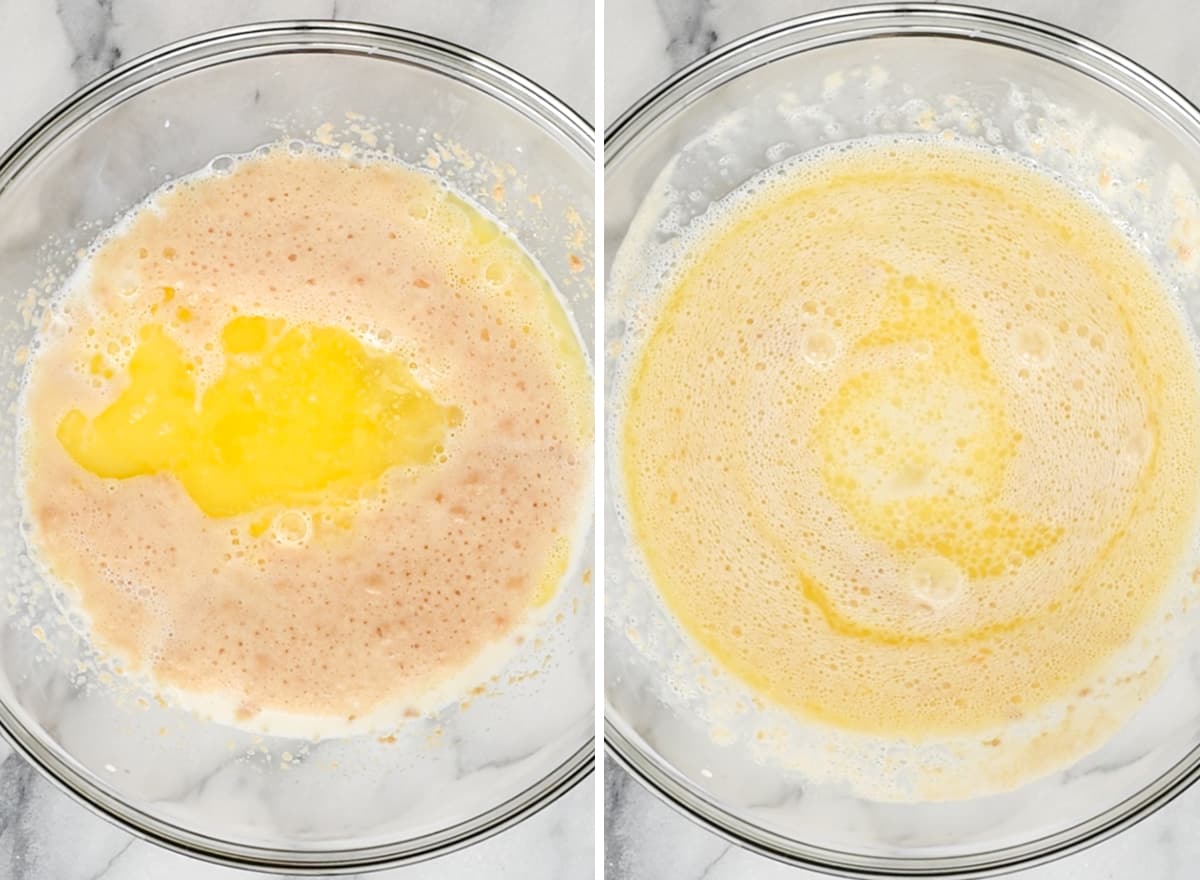 two photos showing how to make dinner rolls - adding butter, milk, sugar and egg.