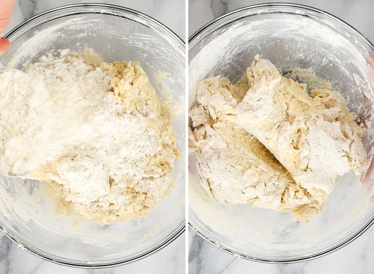 two photos showing how to make dinner rolls - adding more flour & kneading dough