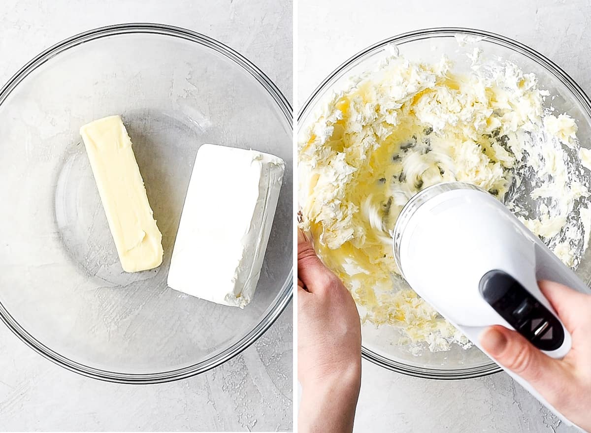two photos showing how to make dirt cake - creaming butter and cream cheese together