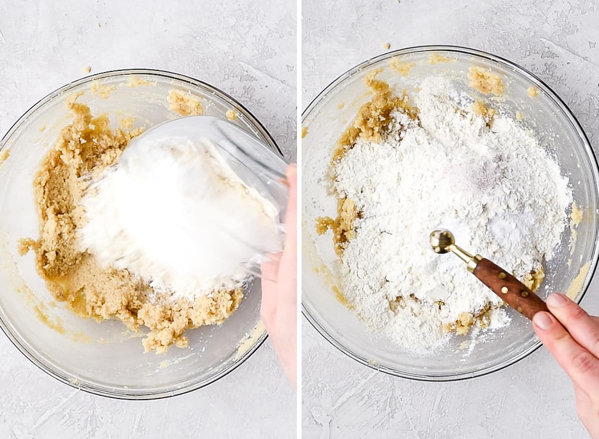 two overhead photos of a glass bowl showing the dry ingredients being added to this Edible Cookie Dough recipe
