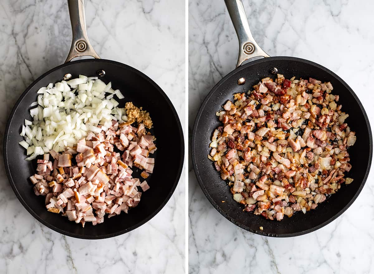 two photos showing how to make egg casserole - cooking bacon, onion and garlic in a frying pan. 