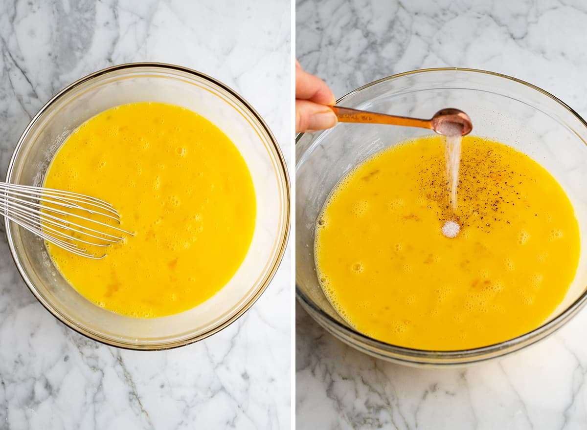 two photos showing how to make egg casserole - making egg mixture