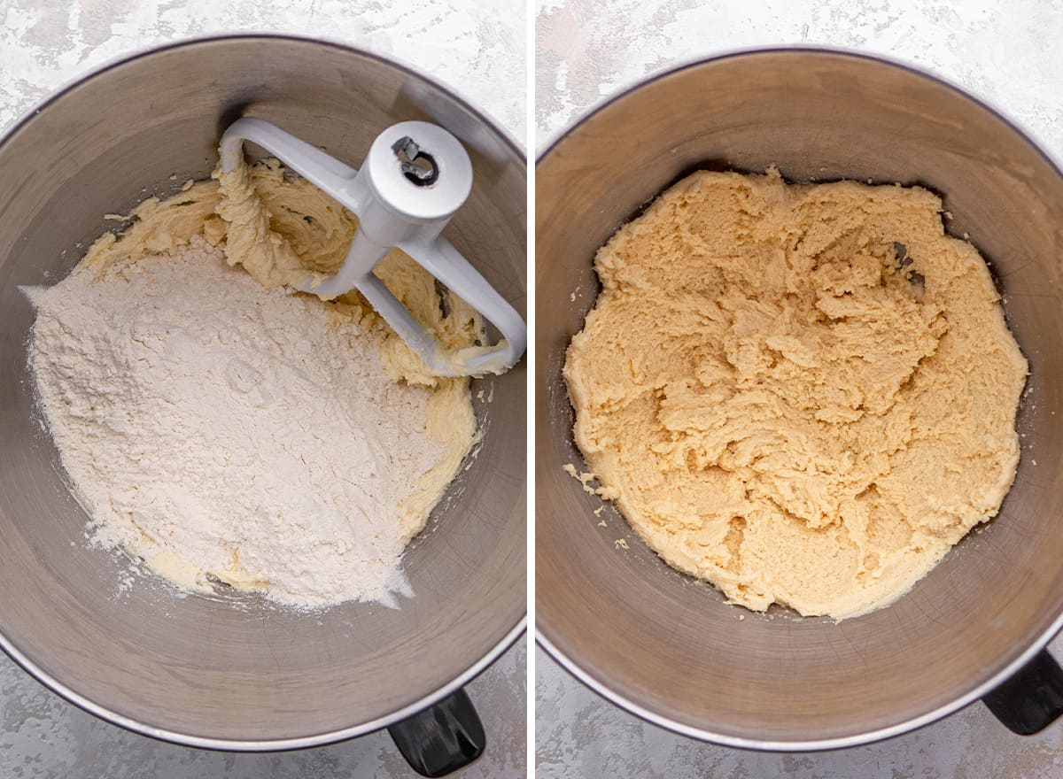 two photos showing How to Make Fruit Pizza sugar cookie crust - combining wet and dry ingredients