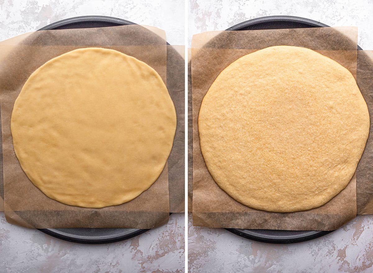 two photos showing the fruit pizza sugar cookie crust before and after baking