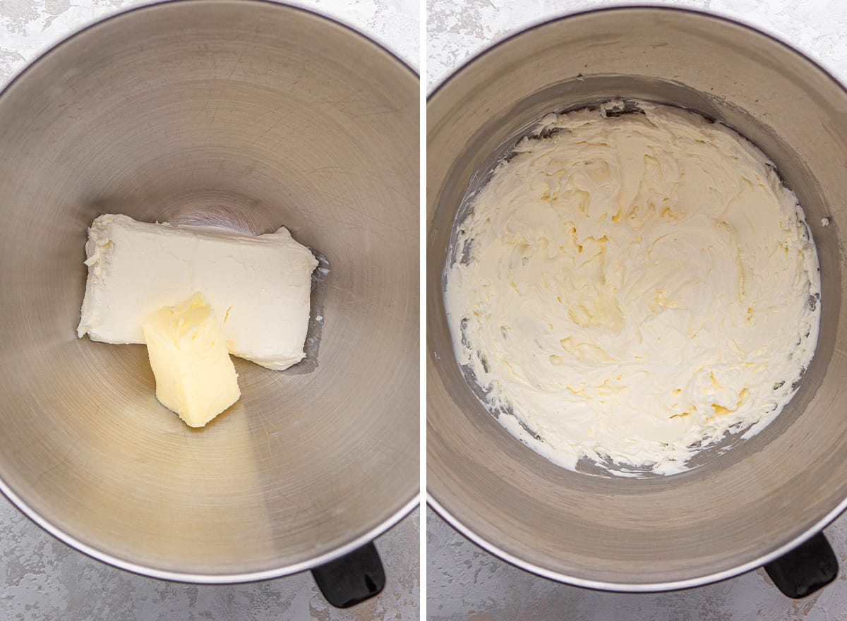 two photos showing how to make the cream cheese frosting for fruit pizza -  beating butter and cream cheese