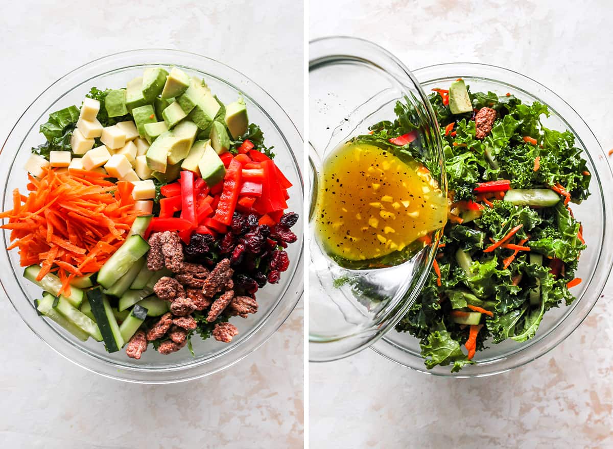 two overhead photos showing how to make kale salad