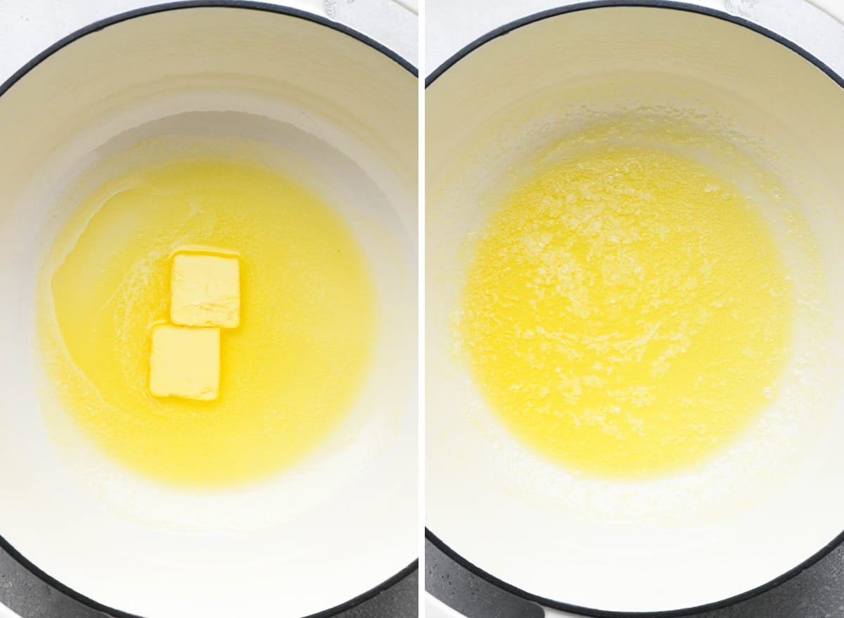two photos showing butter melting in a pot