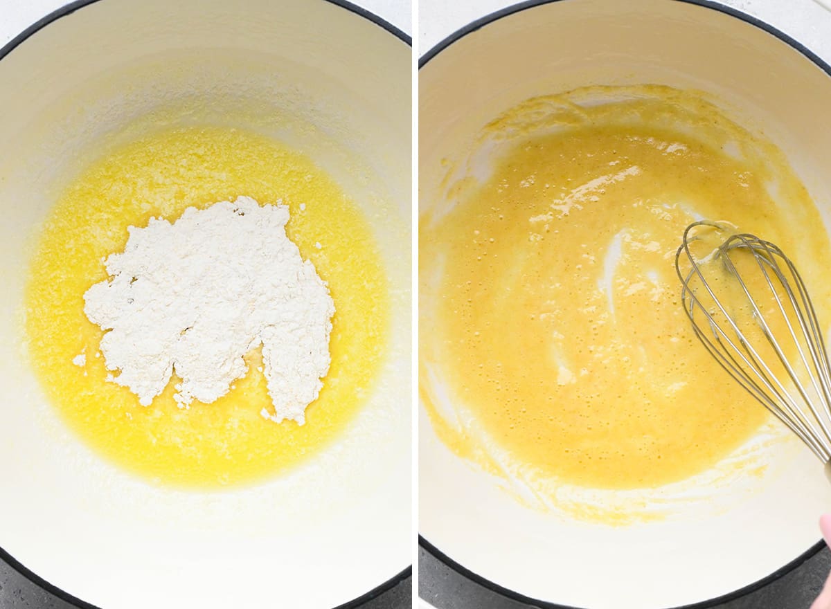 two photos showing how to make Mac and Cheese - making the roux for the cheese sauce