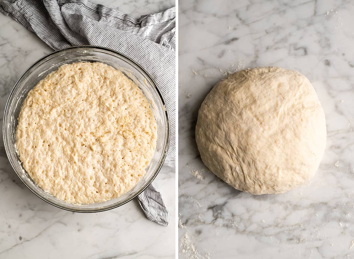 two overhead photos showing how to make no knead bread punching down dough & forming a ball