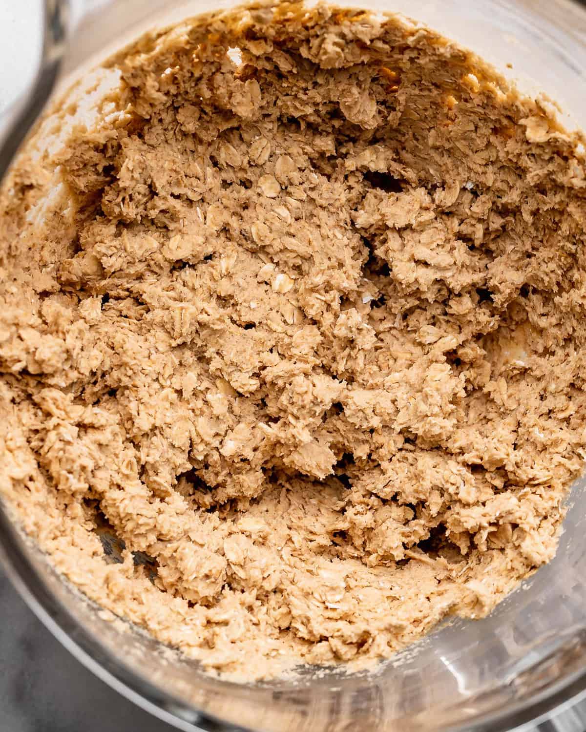 finished oatmeal cookie dough in a mixing bowl