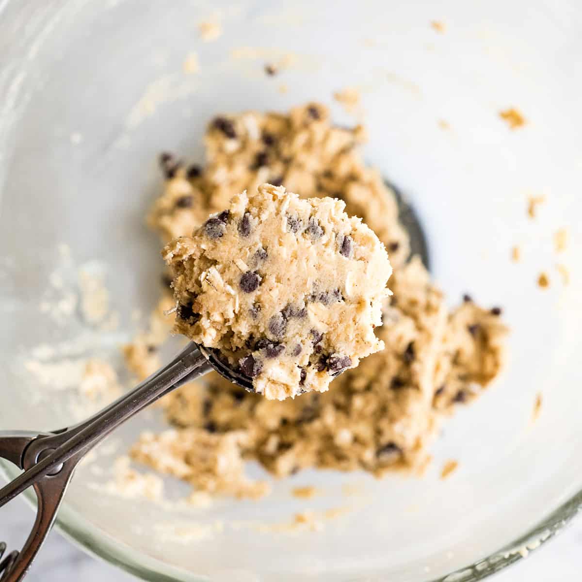 oatmeal cookie dough on a cookie scoop