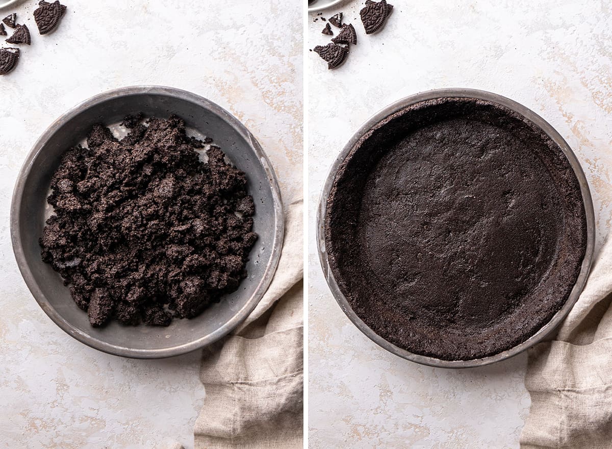 two photos showing How to Make Oreo Pie - making the Oreo Crust