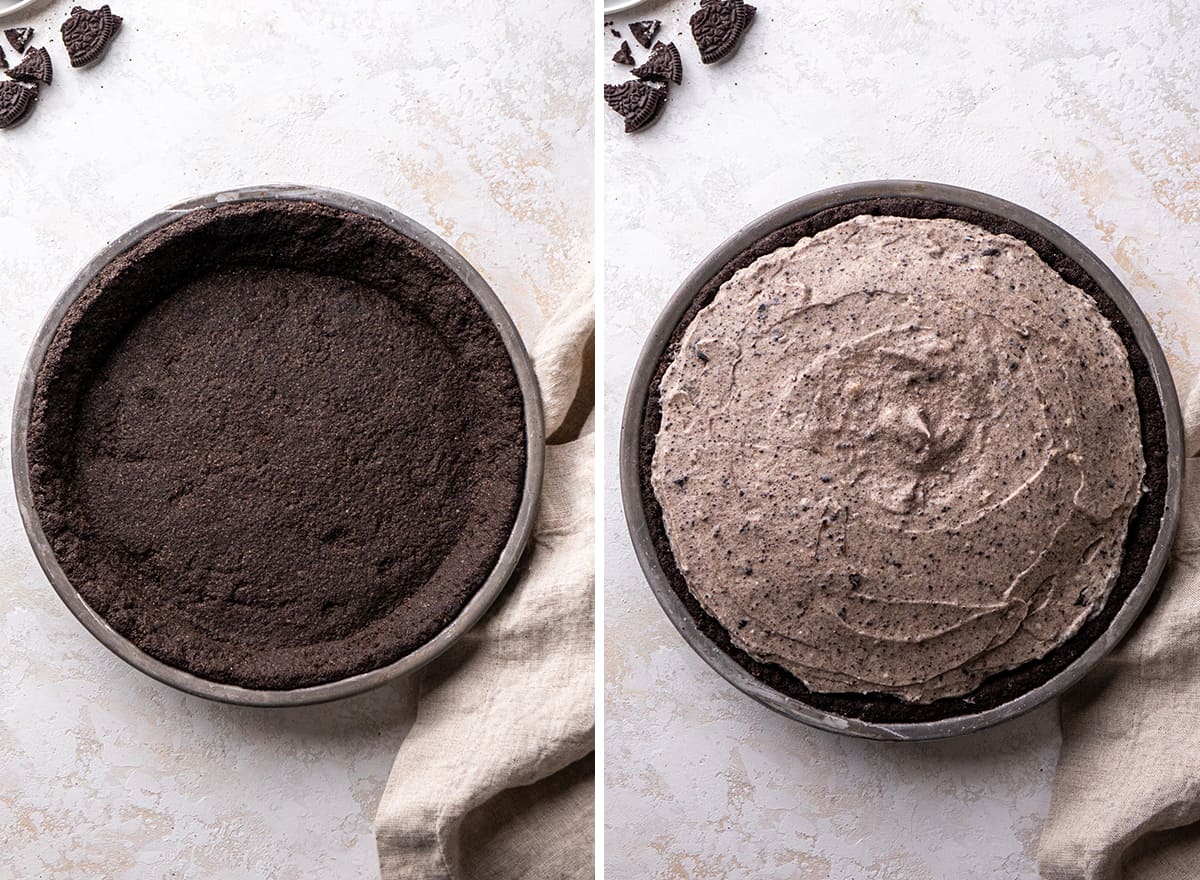 two photos showing How to Make Oreo Pie - filling the baked Oreo pie crust