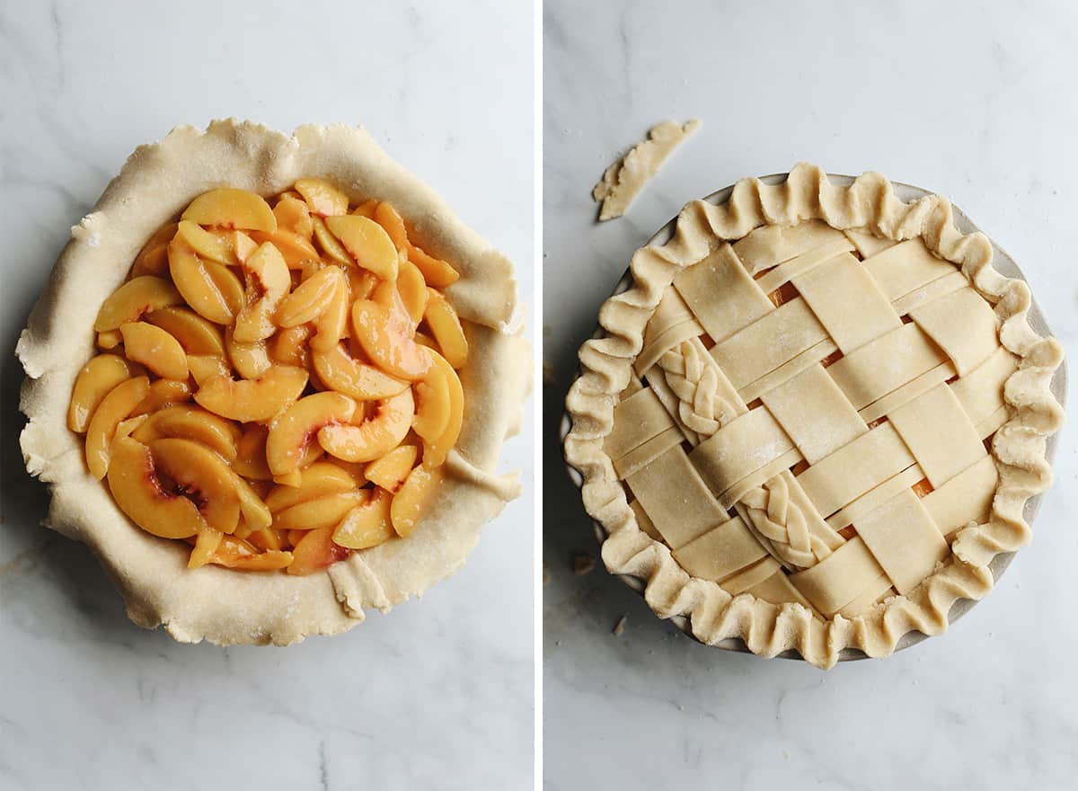 two photos showing how to assemble a peach pie with a double crust