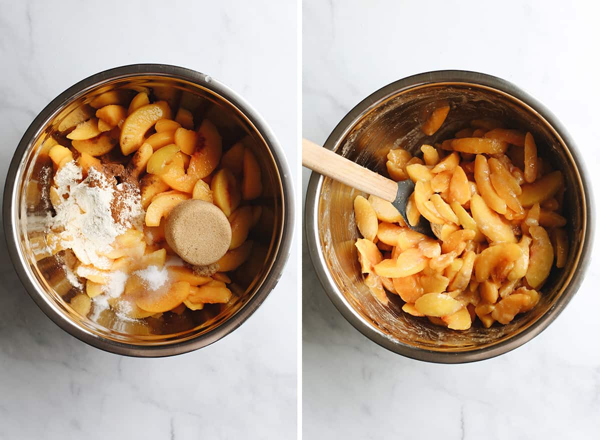 two photos showing How to Make Peach Pie Filling in a bowl