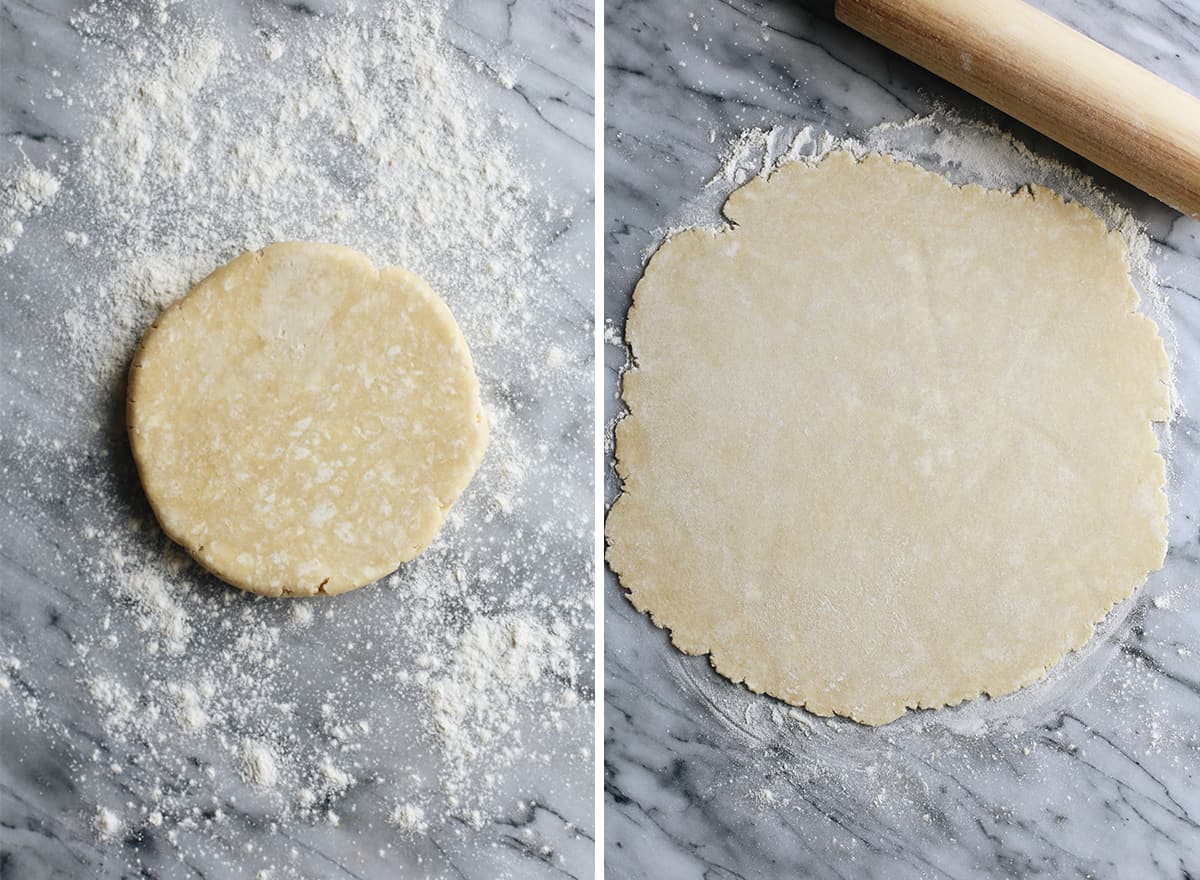 two overhead photos showing how to roll out a butter pie crust