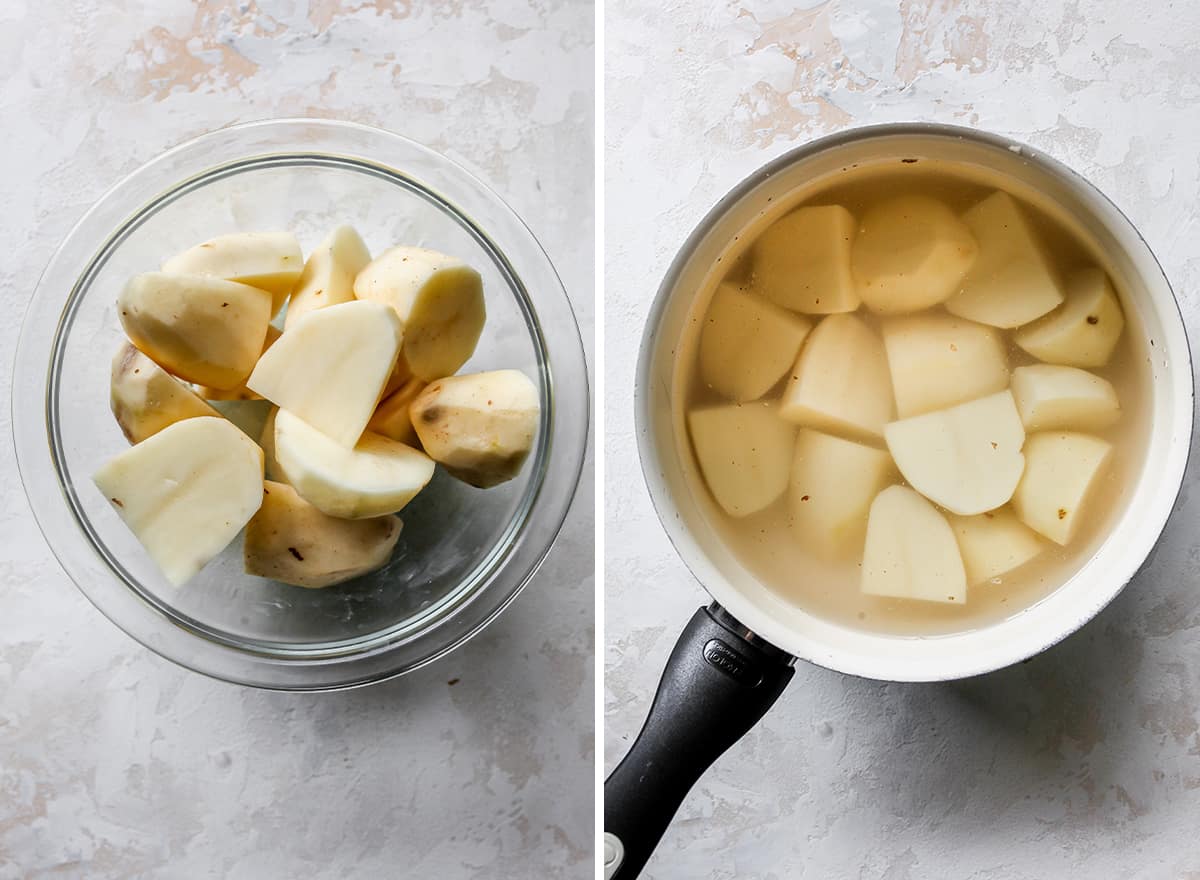 two photos showing How to Make Potato Pancakes, peeling and boiling potatoes 