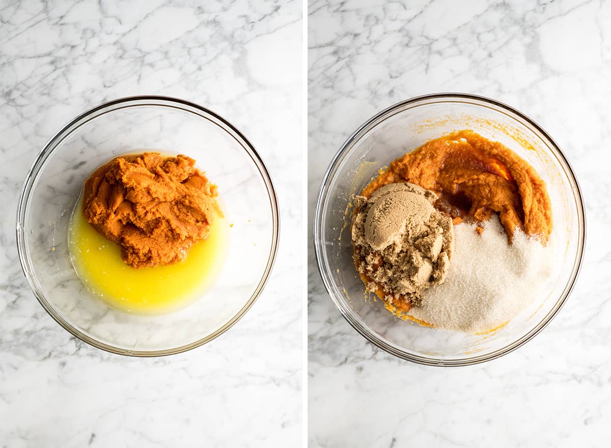 two overhead photos of pumpkin bread recipe being made in a glass bowl 