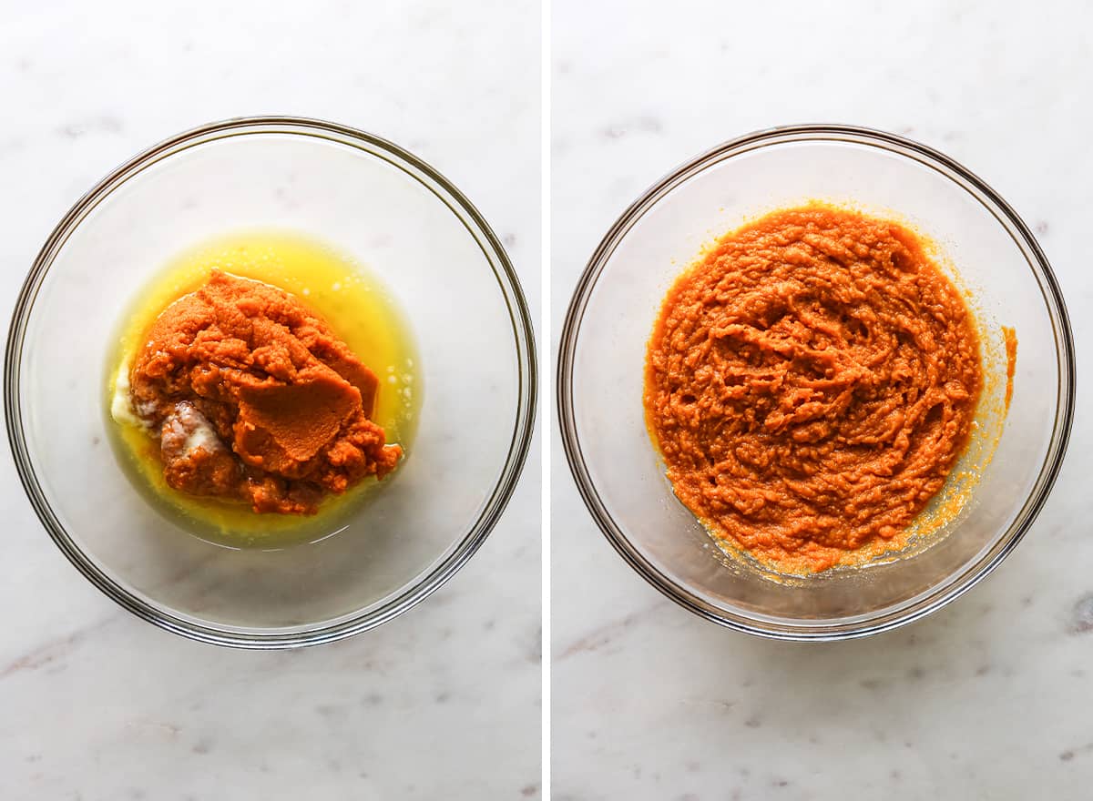  two photos showing How to Make Pumpkin Muffins from Scratch - combining wet ingredients
