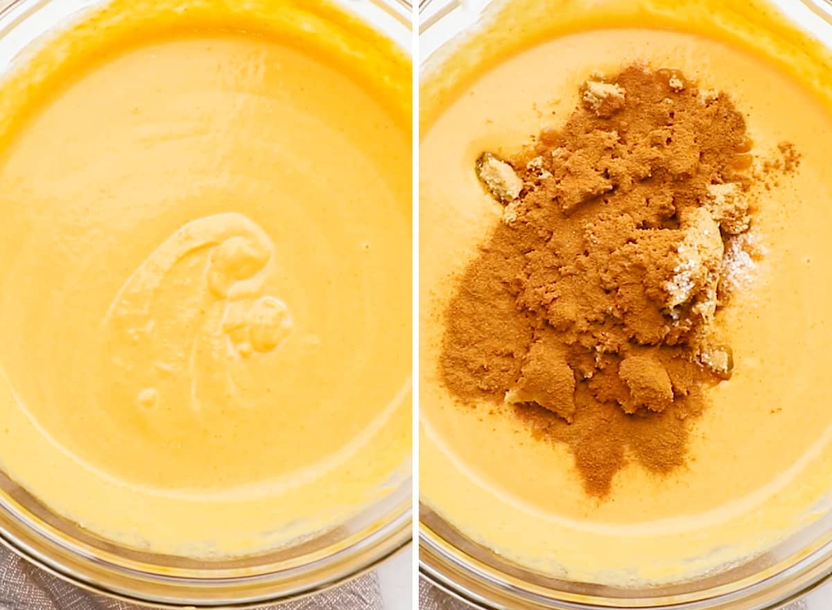 two photos showing How to Make Pumpkin Pie - adding sugar and spices