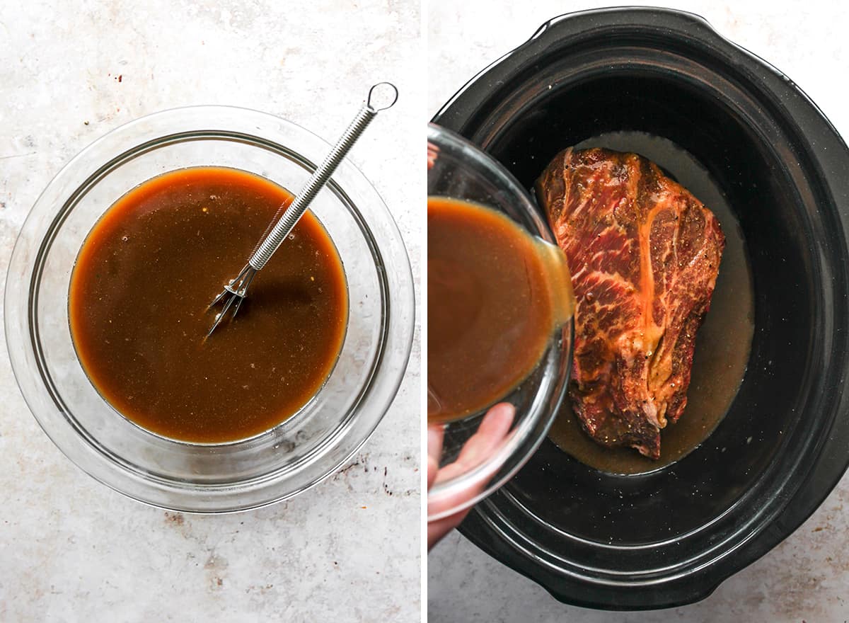 two overhead photos showing how to make Slow Cooker Pot Roast