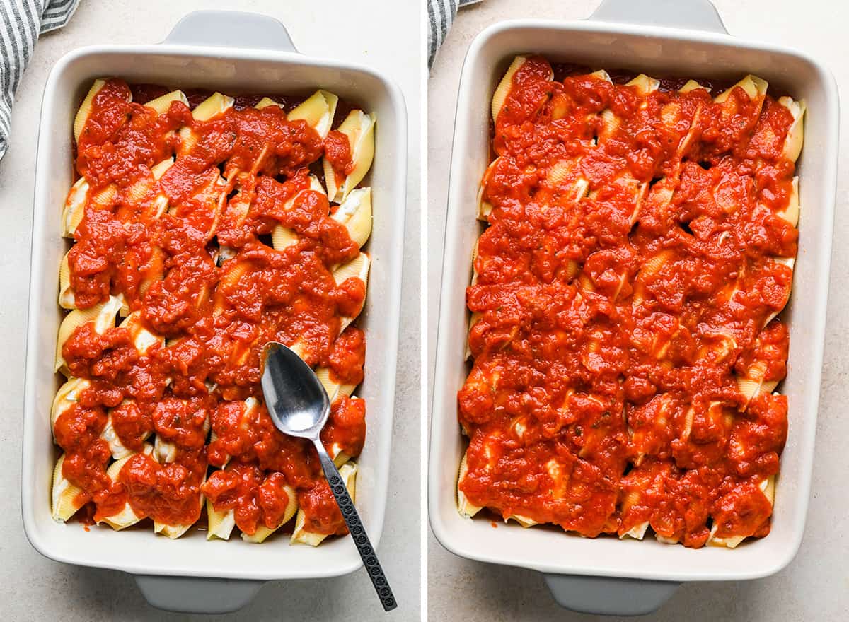 two photos showing How to Make Stuffed Shells - spreading marinara sauce over the assembled shells