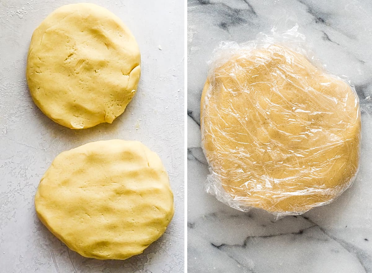 two overhead photos showing how to make sugar cookies, forming dough into discs and wrapping with plastic wrap