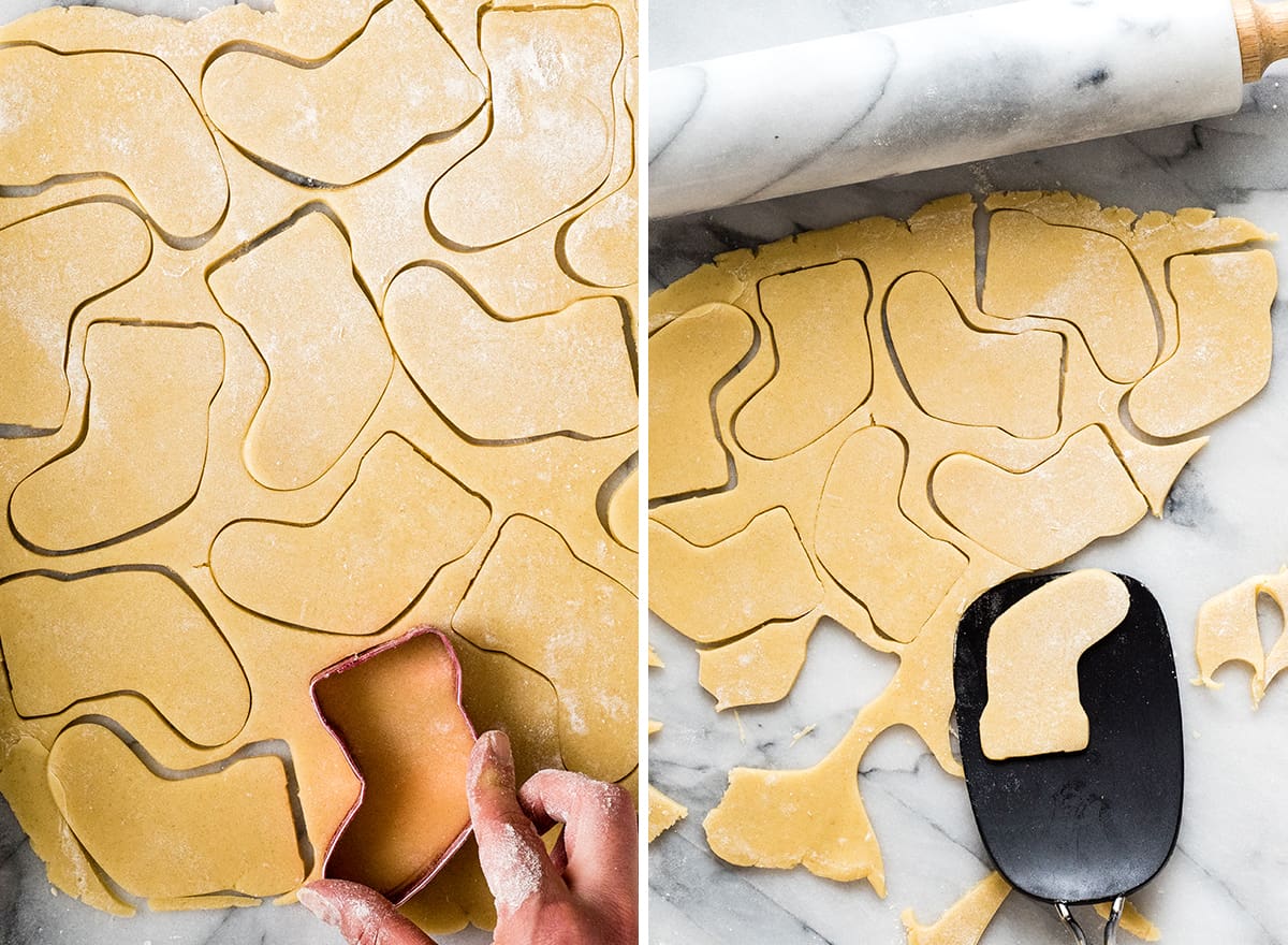 two overhead photos showing how to make sugar cookies, cutting them out into Christmas shapes