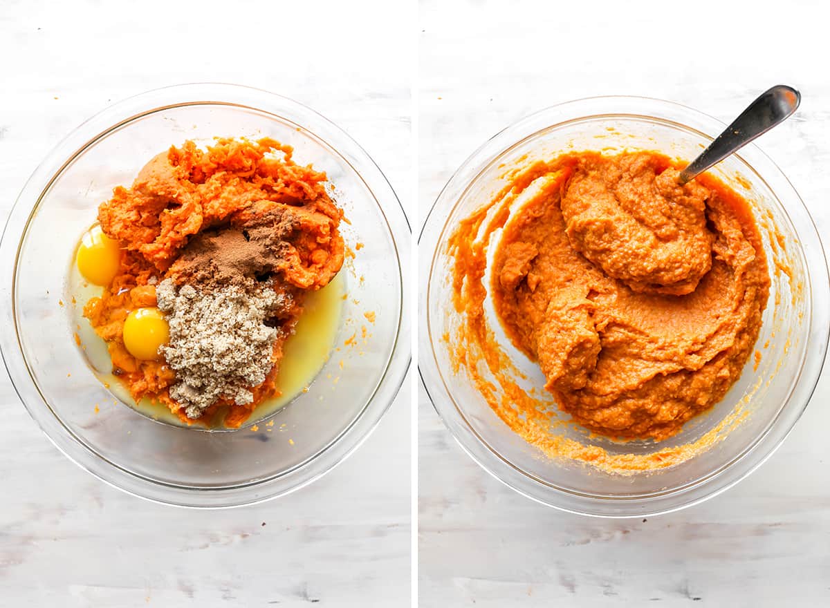 two overhead photos showing How to Make Sweet Potato Casserole